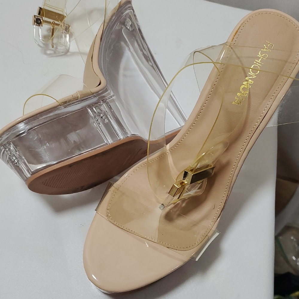 Fashion Nova Nude Clear Strap Platform Wedge Mules